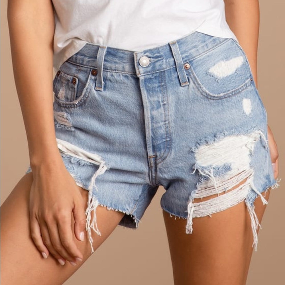 Levi’s: 501 Light Wash Distressed High Rise
Cutoff Denim Shorts, Size 30